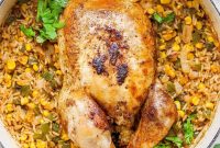 One-Pot Whole Roasted Chicken with Spanish Rice and Vegetables