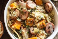 Chicken Apple Sausage Quinoa Bake with Brussels Sprouts