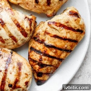 How to Grill Juicy Chicken Every Time 6 grilled chicken breasts on a white plate.
