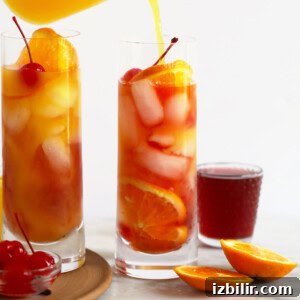 Two glasses of sex on the beach drink being poured into glasses.
