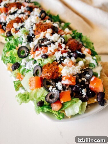 Vegetarian Haystacks Recipe with Black Beans and Avocado 2 Vegetarian haystacks assembled on tortilla chips with beans, tomatoes, lettuce, olives and queso fresco