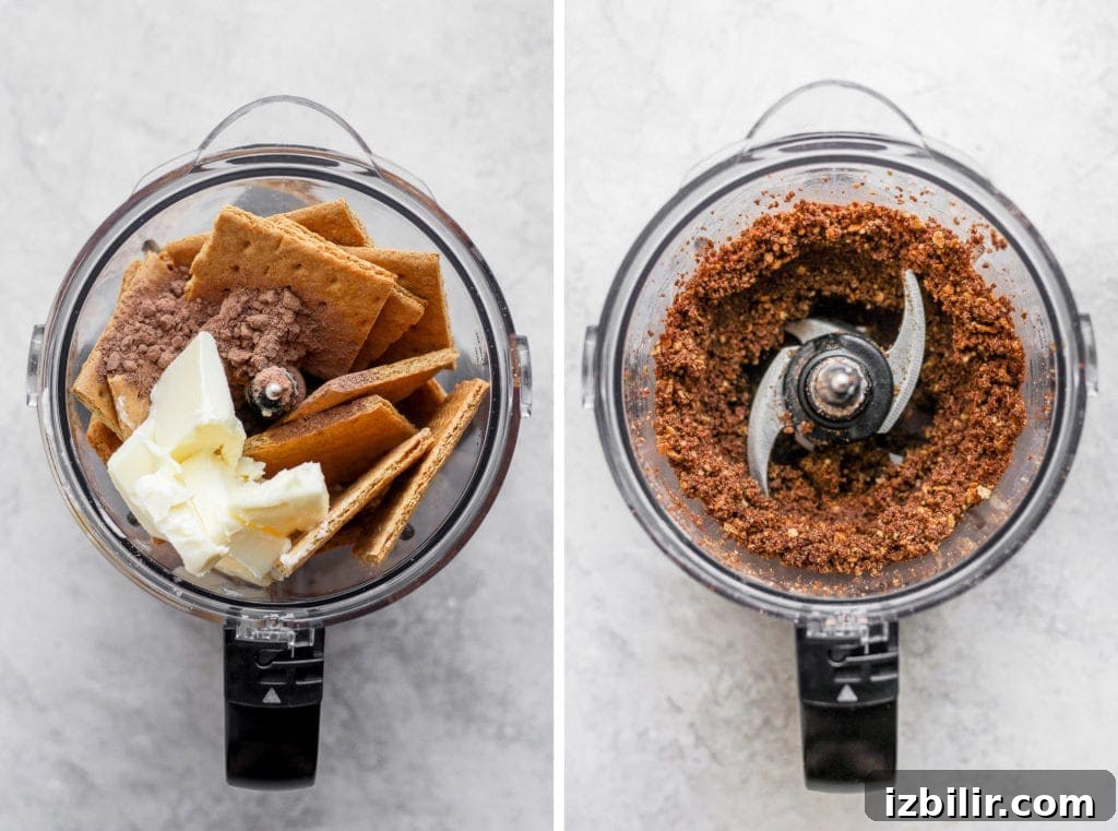 Before and after photos of the chocolate graham cracker crust.