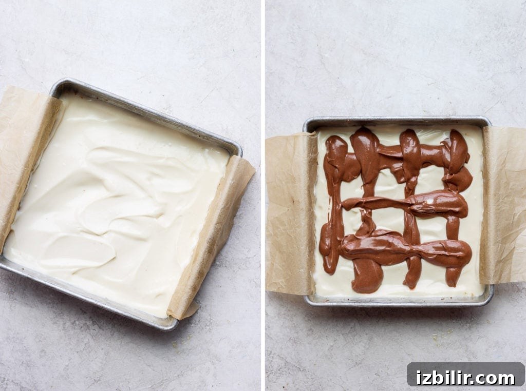 Two photos of how to make a swirl on top of cheesecake bars.