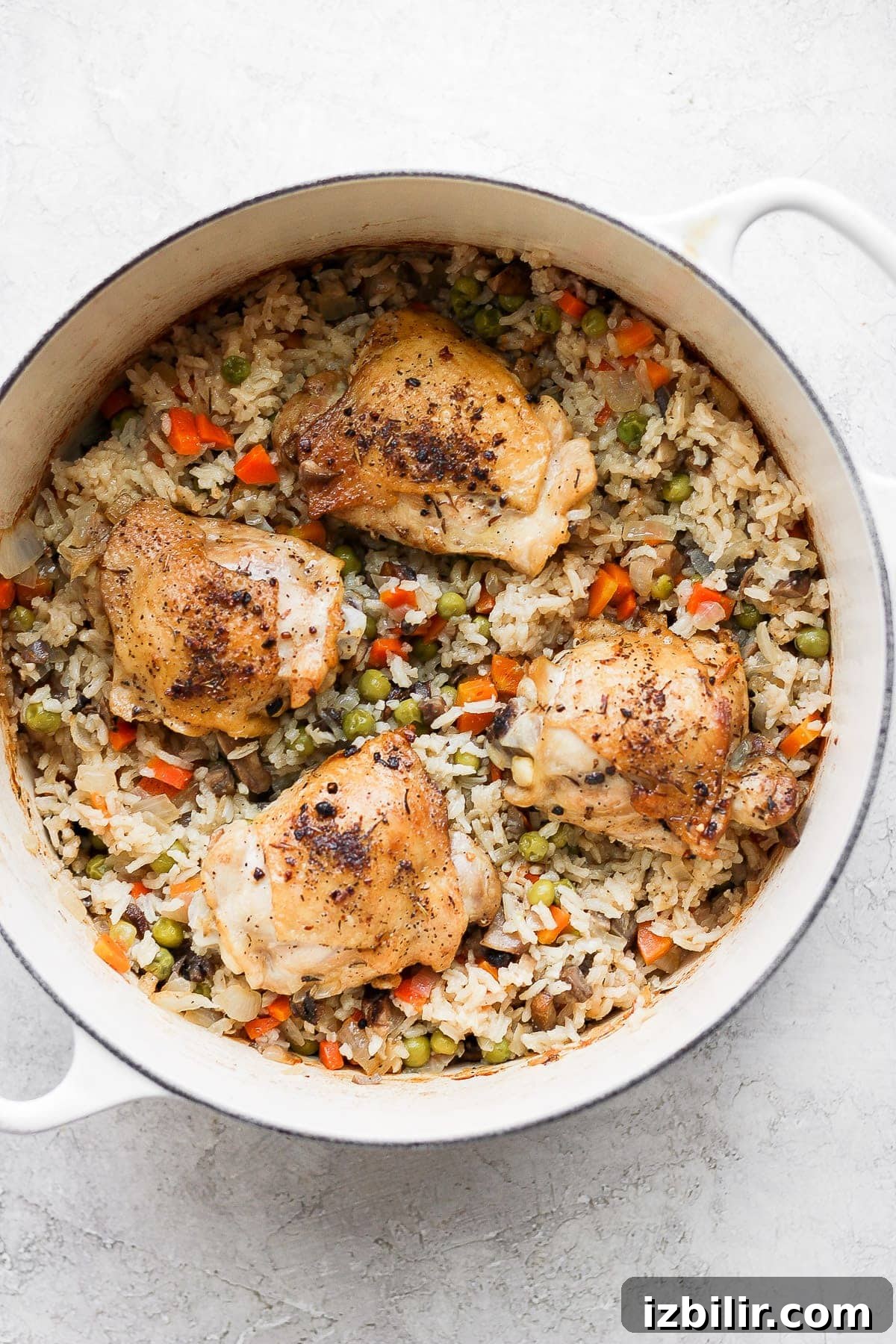 The most flavorful chicken and rice recipe on the internet. Our chicken and rice bake is made with juicy chicken thighs and a delightful rice medley so you get extra veggies! chicken and rice in Dutch oven.