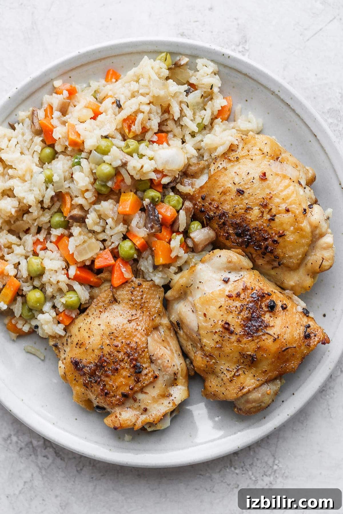 The most flavorful chicken and rice recipe on the internet. Our chicken and rice bake is made with juicy chicken thighs and a delightful rice medley so you get extra veggies! seared chicken thighs and rice on plate.