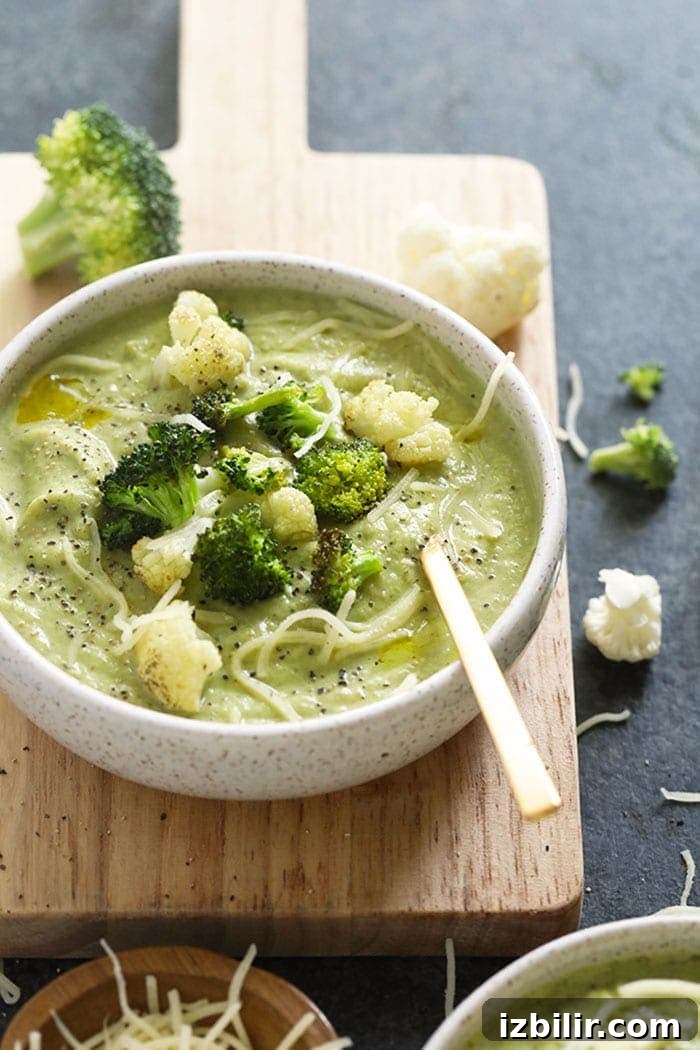 Creamy Broccoli and Cauliflower Cheese Soup Recipe 4 A bowl of broccoli cauliflower cheese soup