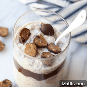 Moose Tracks Inspired Overnight Oats Recipe 3 Overnight oatmeal with chocolate chips and a spoon.
