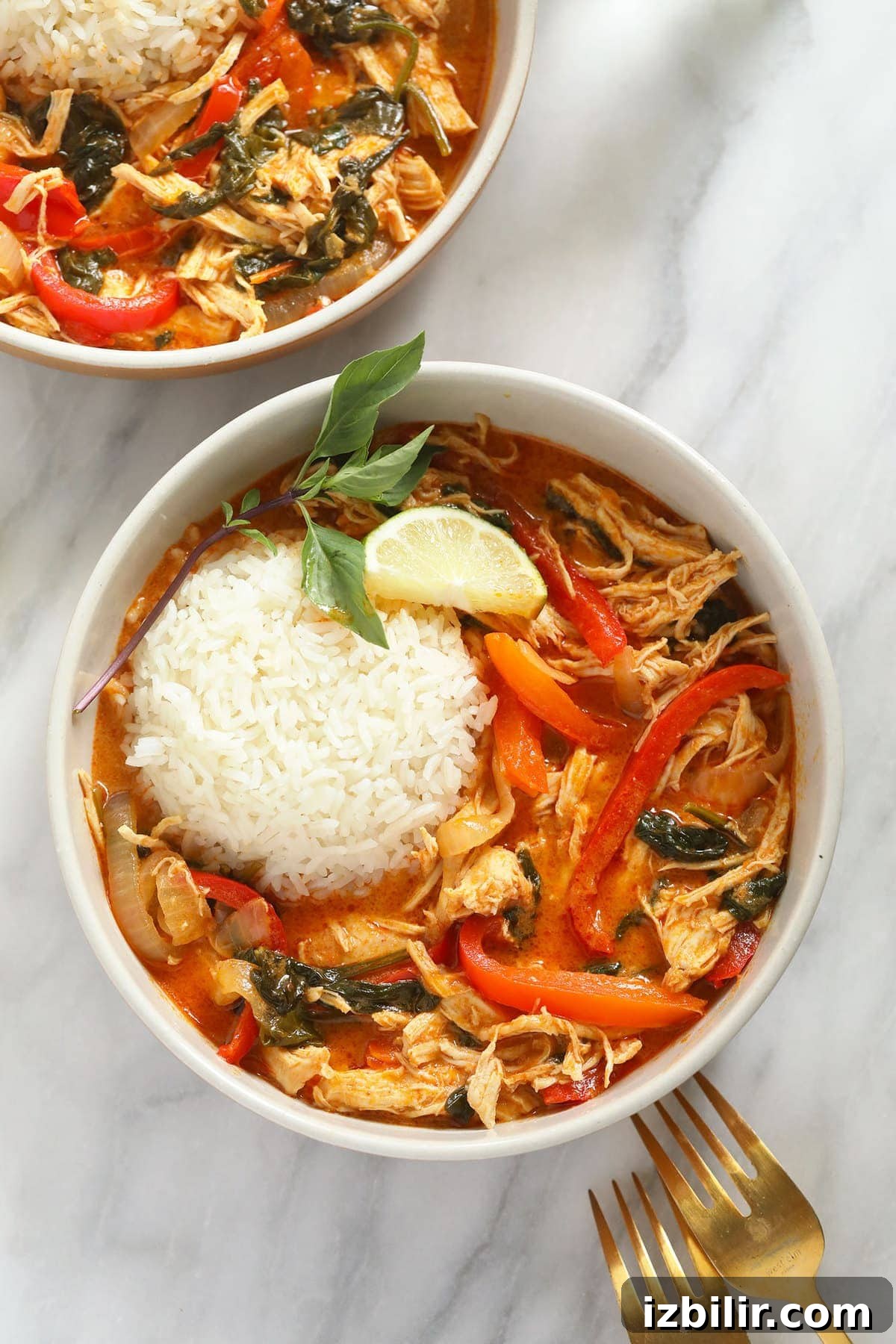 Instant Pot Thai Coconut Curry Chicken bowl of Thai red coconut curry chicken with white rice