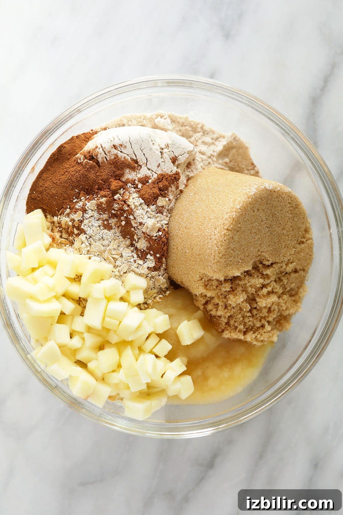 Soft Chewy Apple Oatmeal Cookies with Cinnamon 3 All of the ingredients for the apple oatmeal cookies in a bowl.