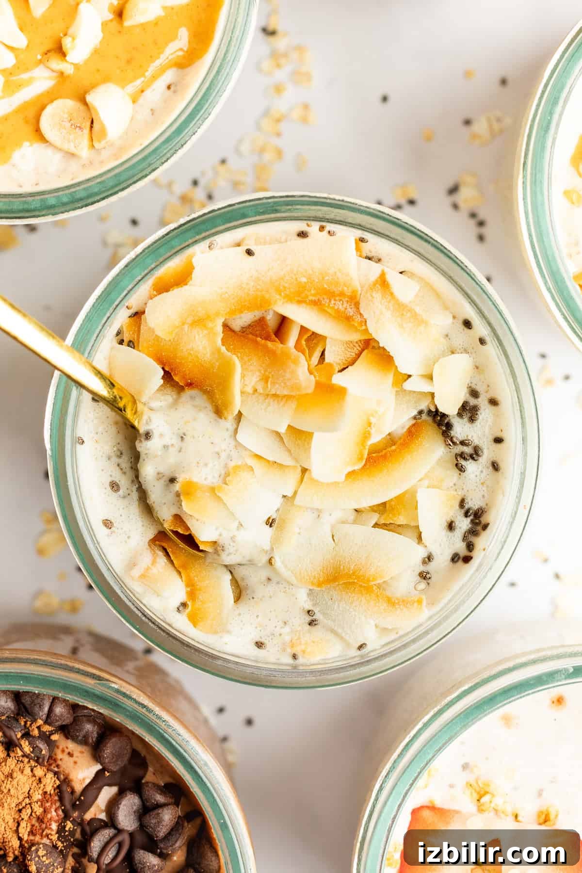 Coconut Latte Overnight Oats Recipe 5 Overnight oats jars lined up