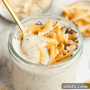 Coconut Latte Overnight Oats Recipe 6 A glass jar filled with creamy coconut latte overnight oats, topped with toasted coconut flakes and chia seeds, with a gold spoon inserted.