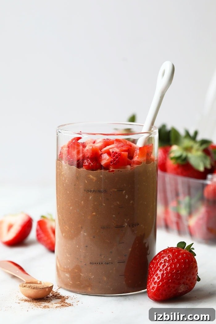 Chocolate strawberry overnight oats in a jar