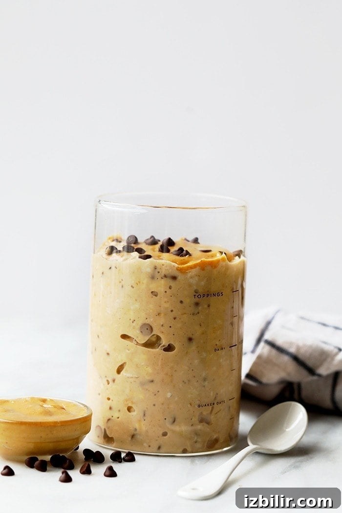 Peanut butter chocolate chip cookie dough overnight oats in a jar