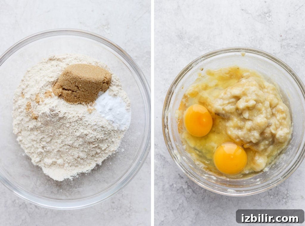 Ingredients for healthy banana bread 2 bowls of dry ingredients and wet