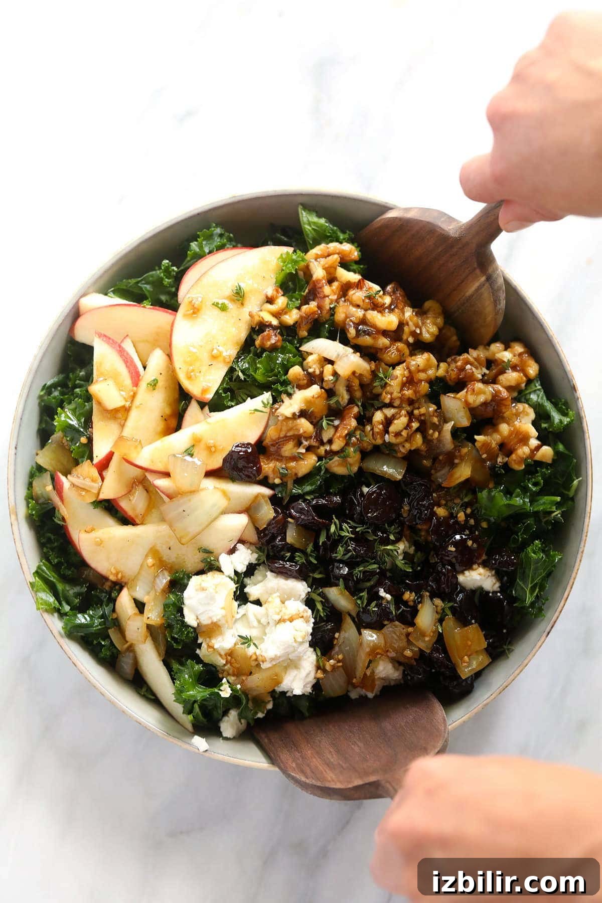 Our favorite Thanksgiving Salad recipe made with a massage kale salad base, apple slices, goat cheese, candied walnuts, and dried cherries! salad in bowl