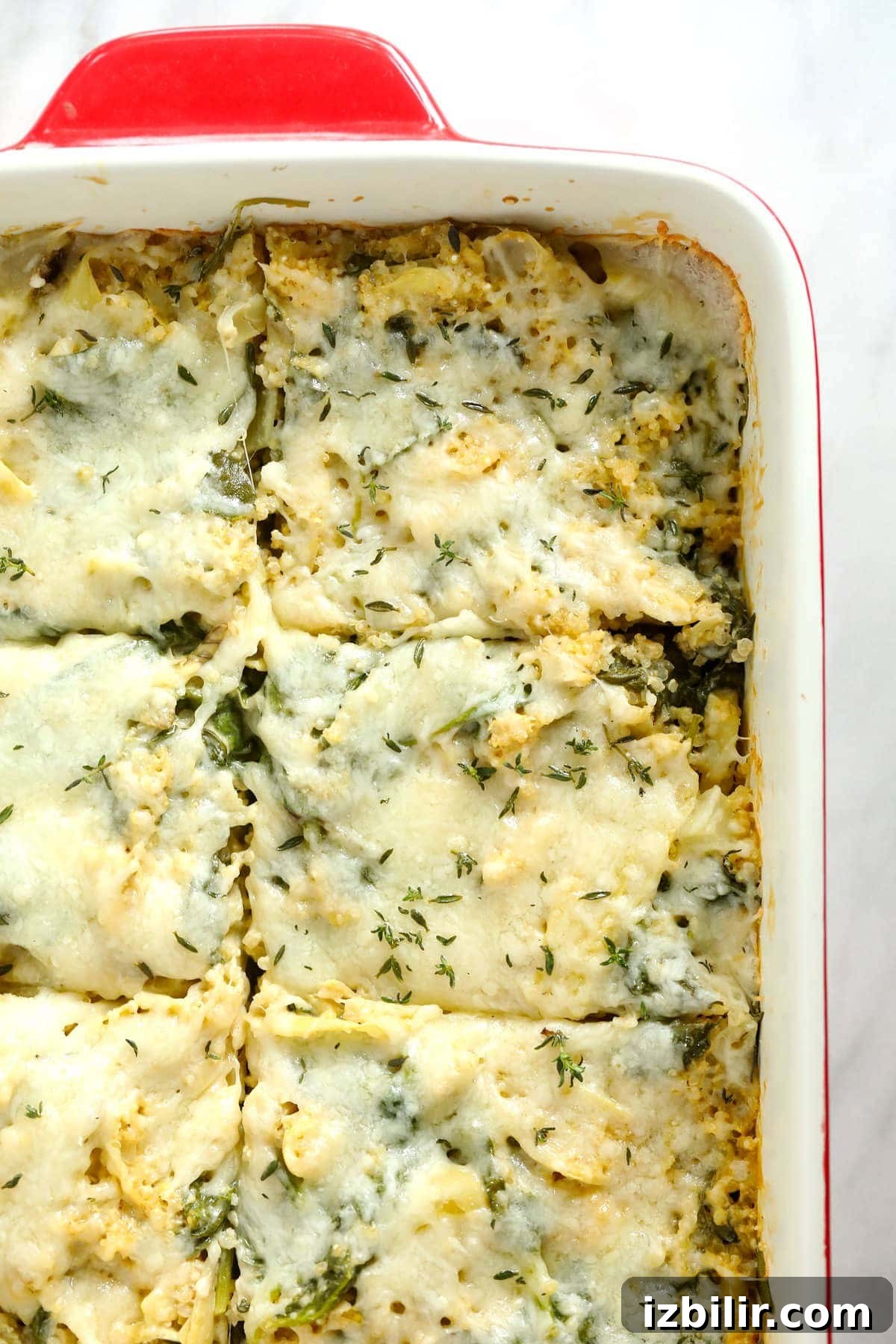 Baked spinach artichoke quinoa casserole with cheese on top.