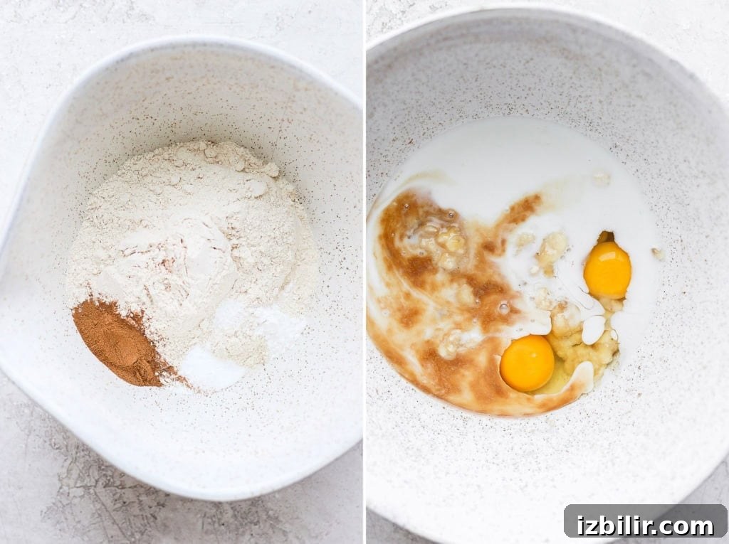 wet and dry ingredients for cinnamon roll waffles ready to be mixed together