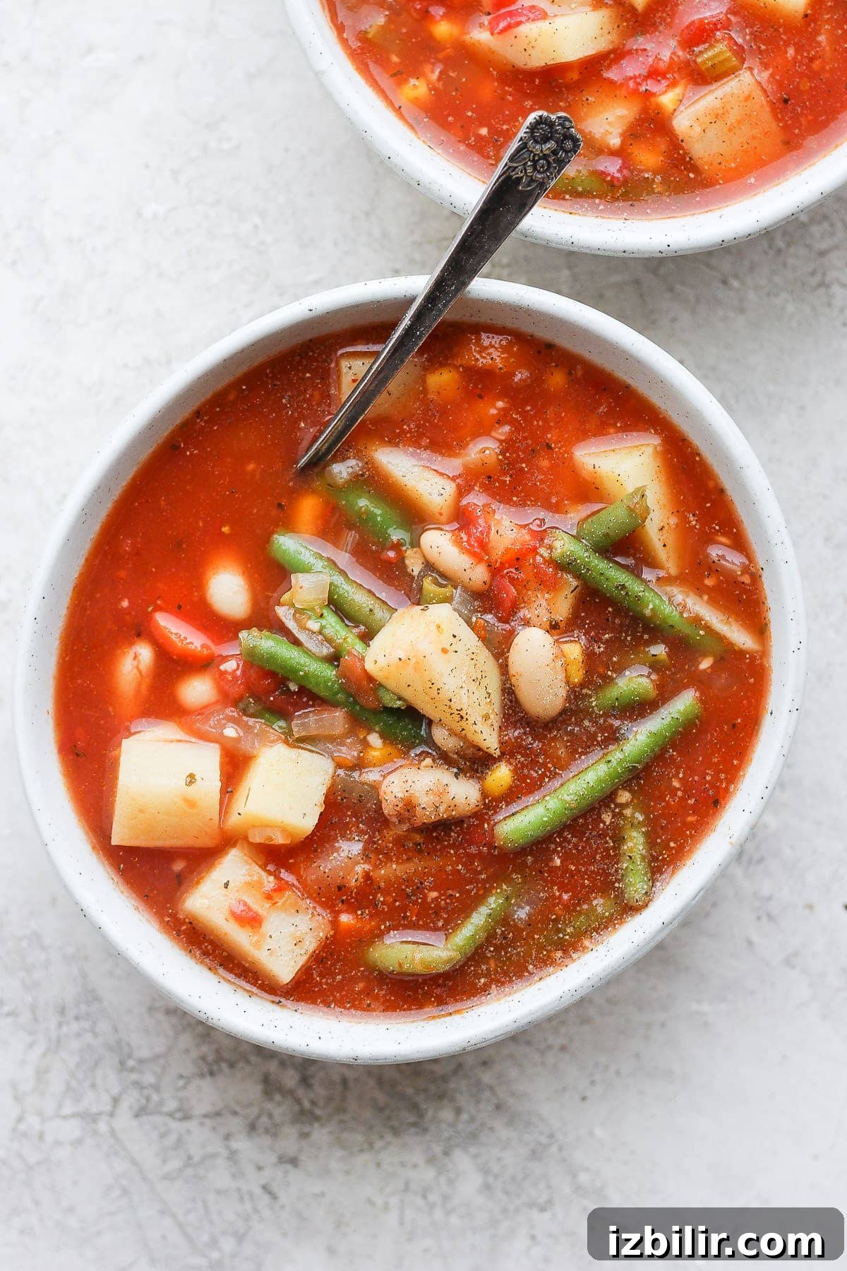 Two bowls of vegetable soup.