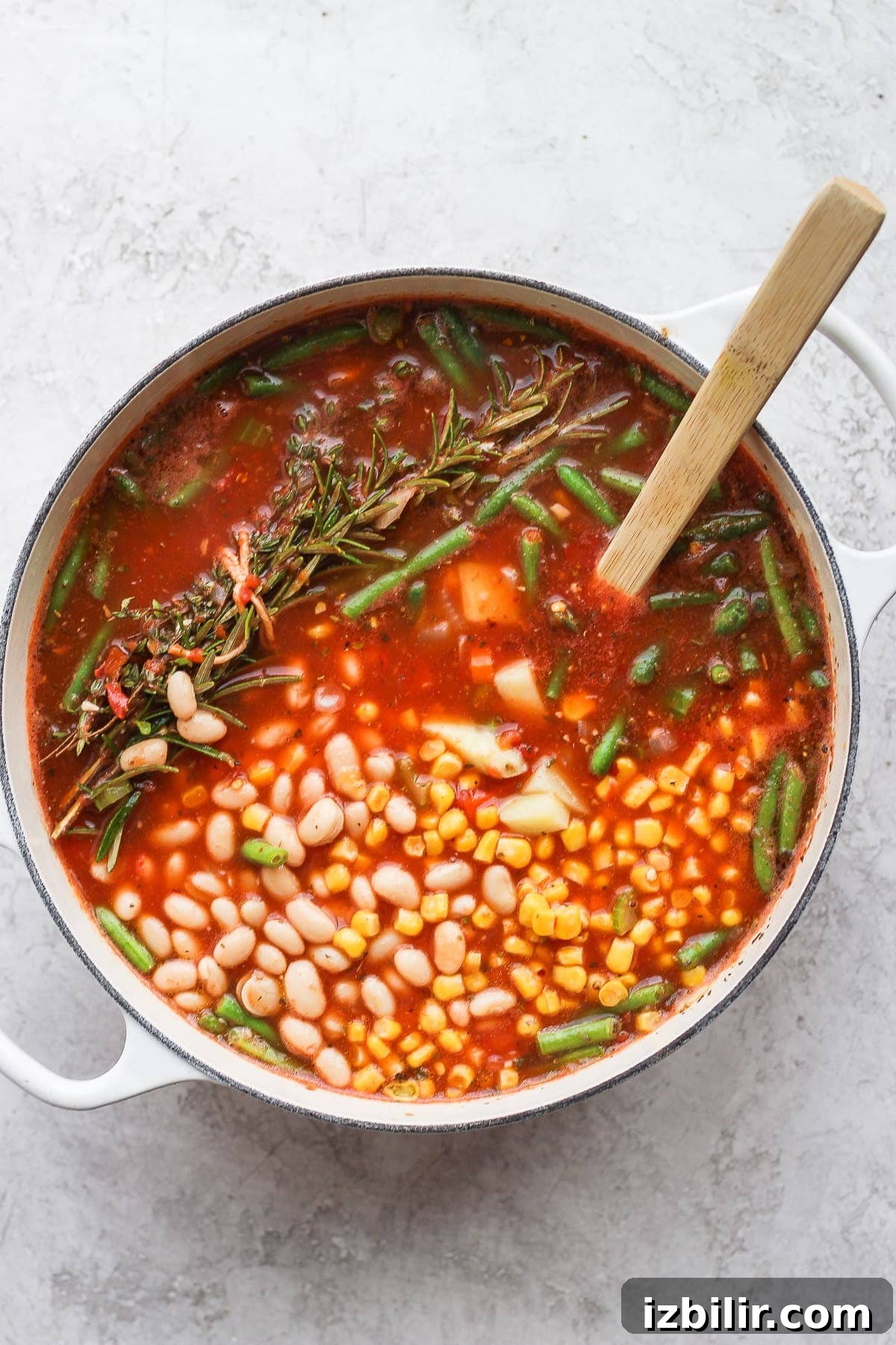 Vegetable soup ready to eat in a Dutch oven.
