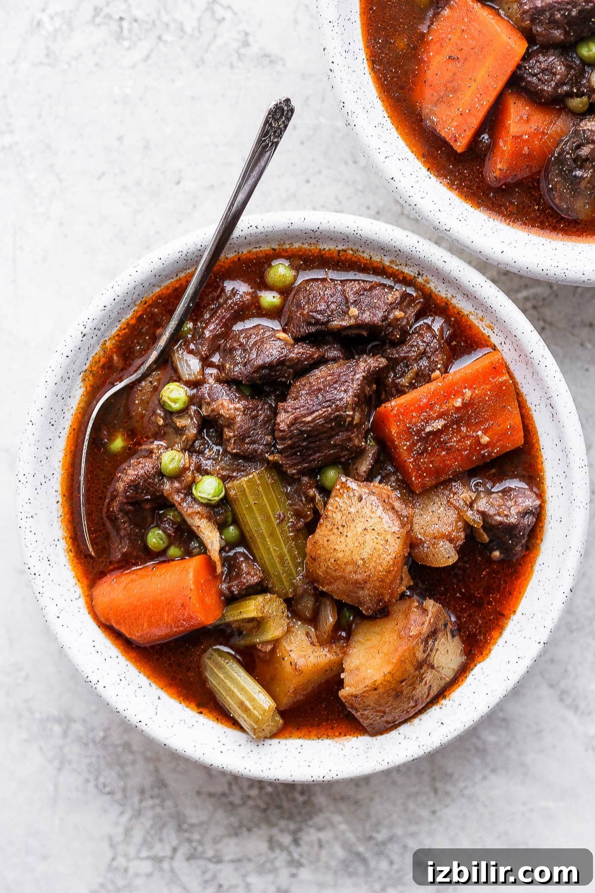 Instant Pot Beef Stew Instant Pot beef stew in a bowl with a spoon