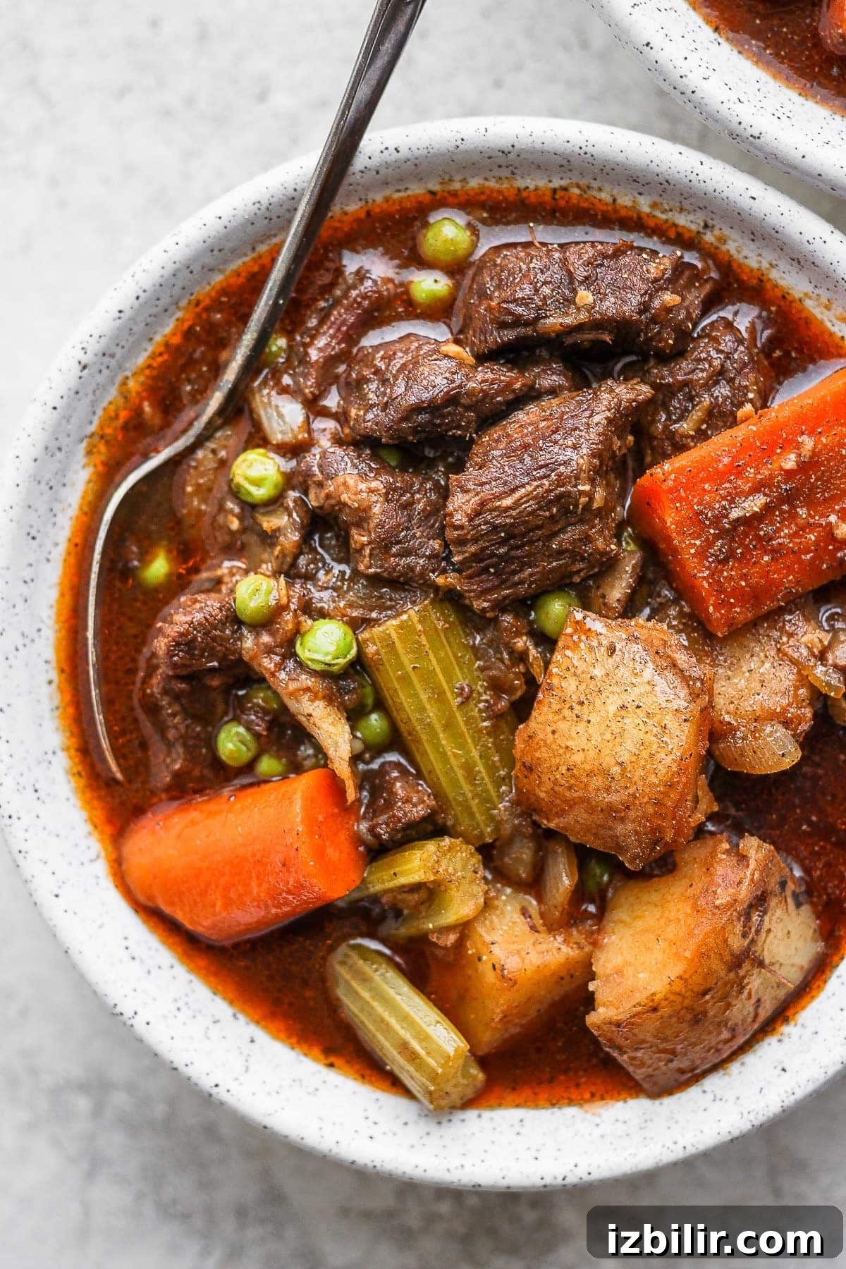 Served Instant Pot beef stew Instant Pot beef stew in a bowl with a spoon