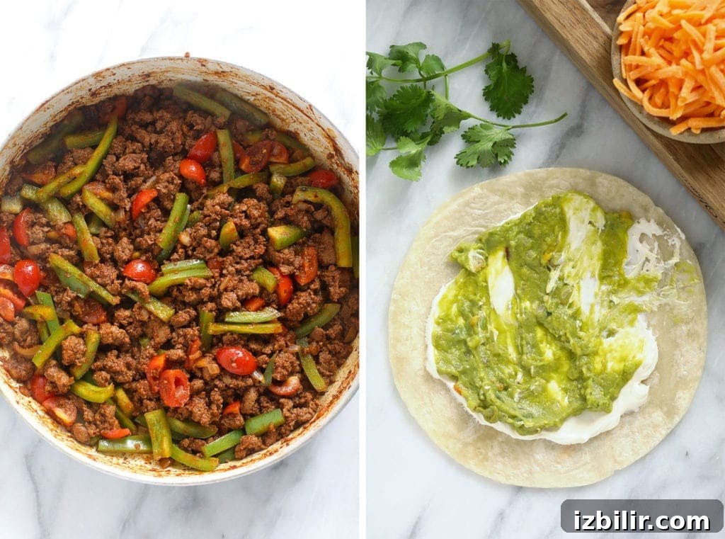 chicken quesadilla ingredients spread on a tortilla