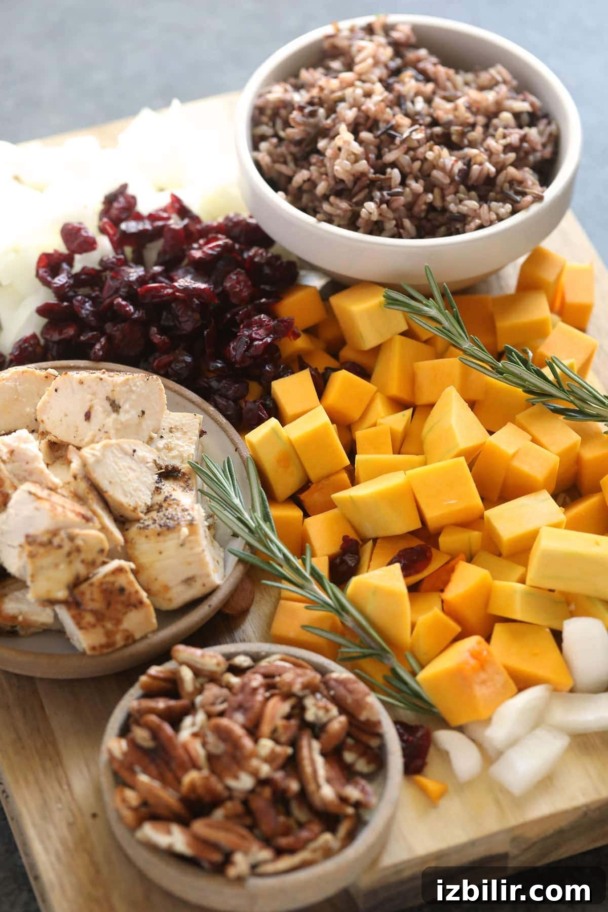 ingredients for butternut squash wild rice casserole ready to be mixed