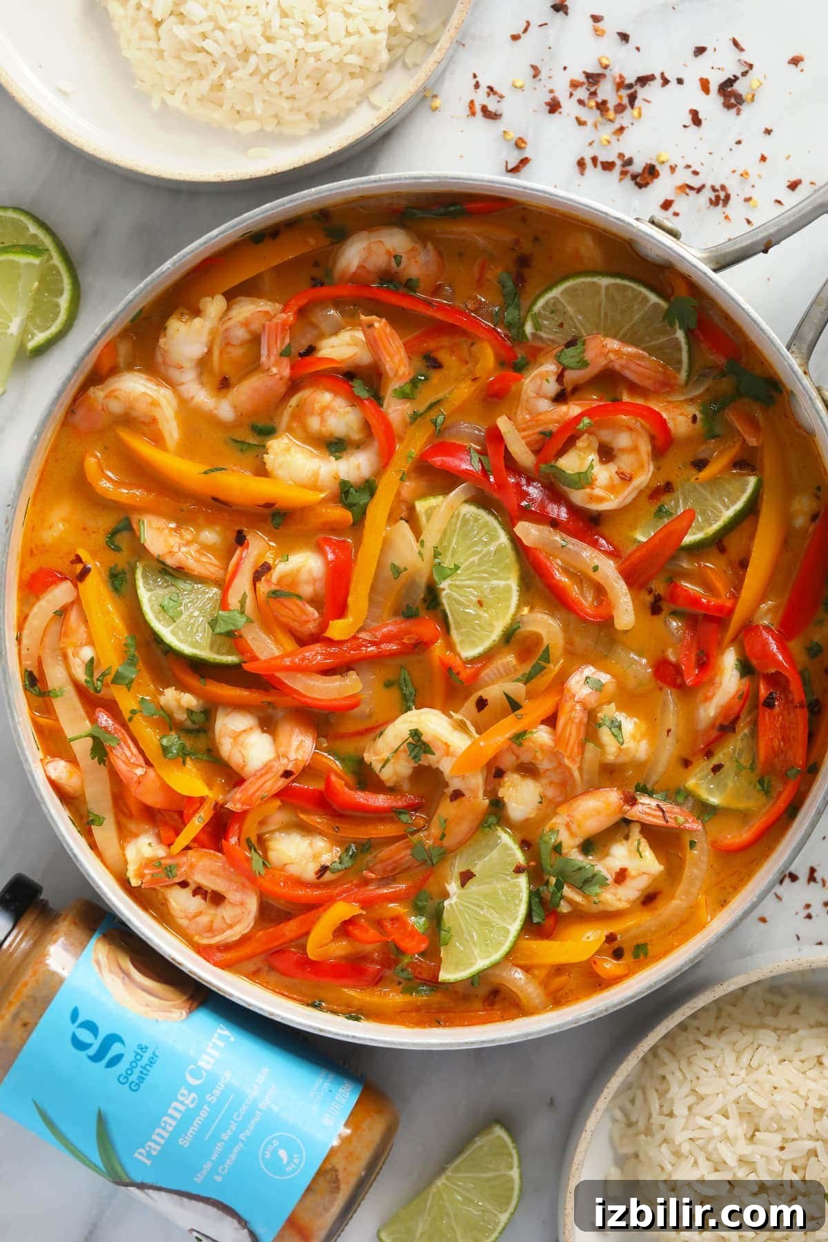 Shrimp Panang curry in a pan ready to eat