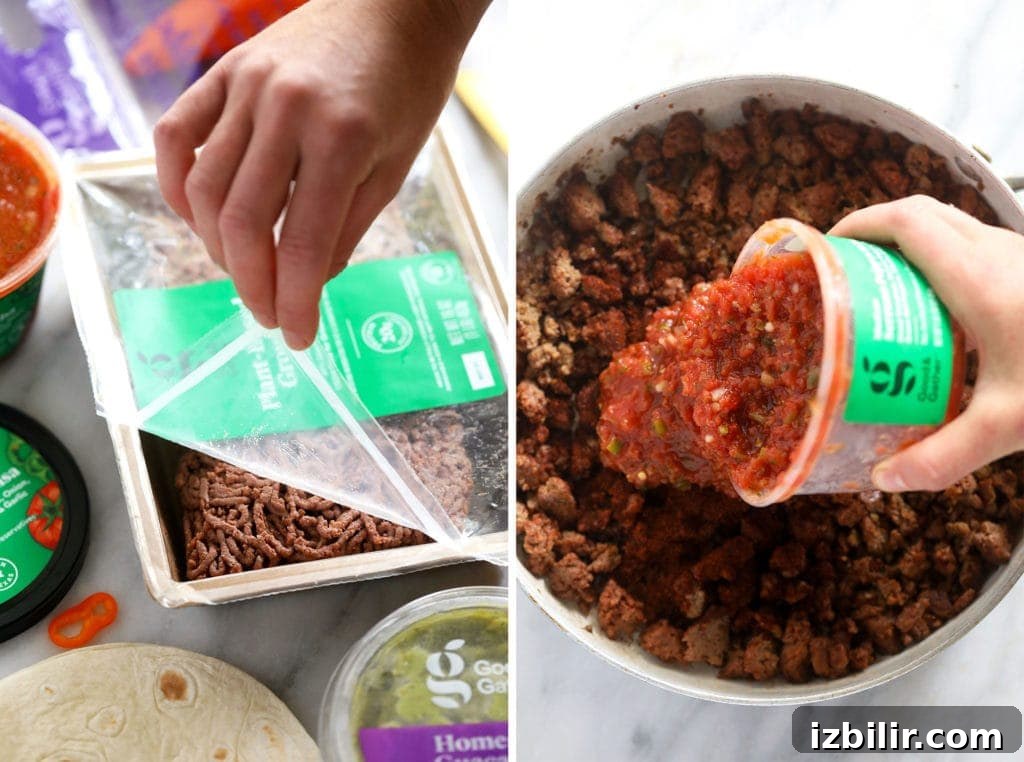 Plant-based ground with salsa tostada meat with salsa