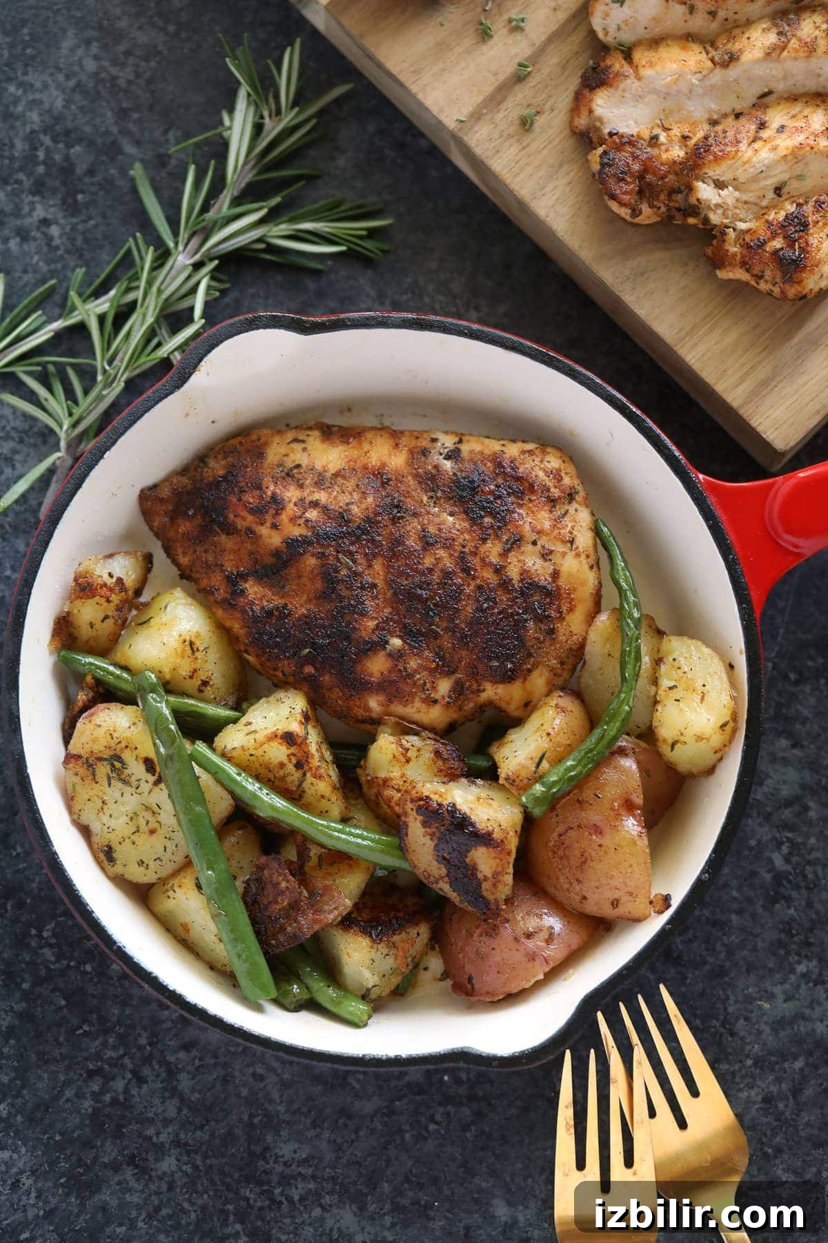 How to Pan-Sear Chicken Breast for Juicy, Tender Results 7 chicken breast in pan with potatoes