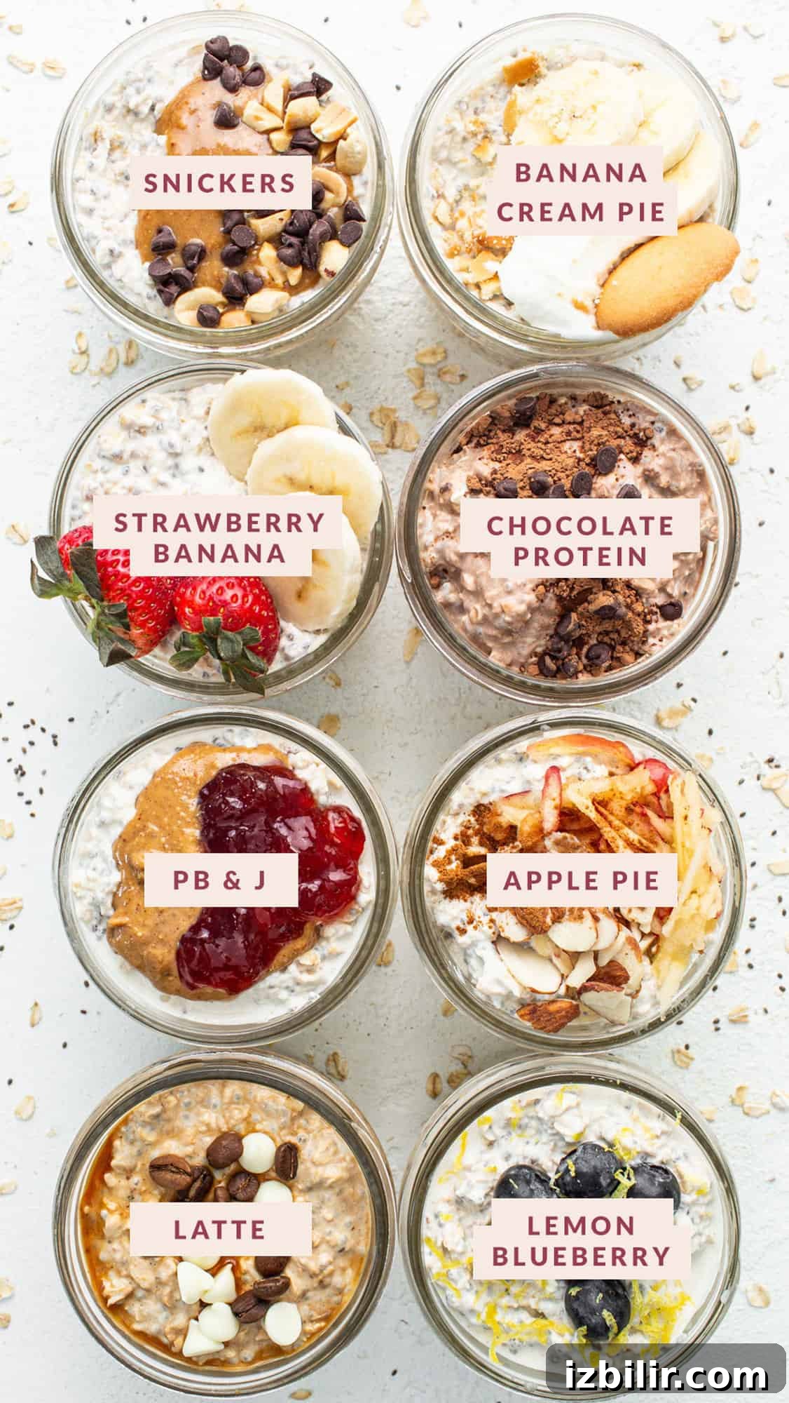 A variety of bowls of overnight oats with different toppings.
