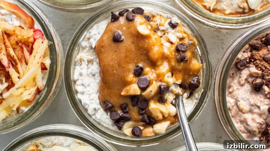Oatmeal in jars with different toppings.