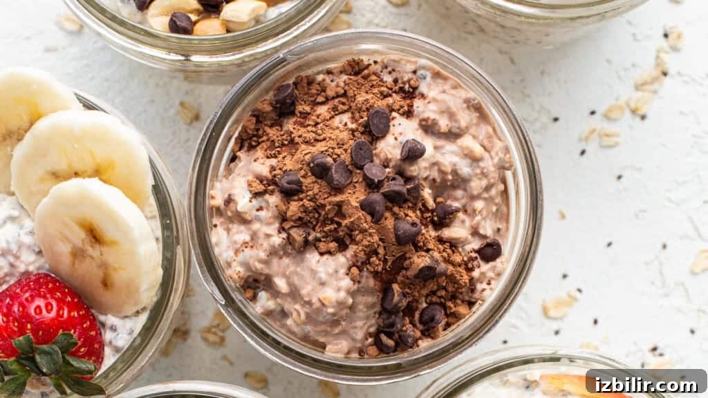 Oatmeal in jars with bananas, strawberries and chocolate chips.