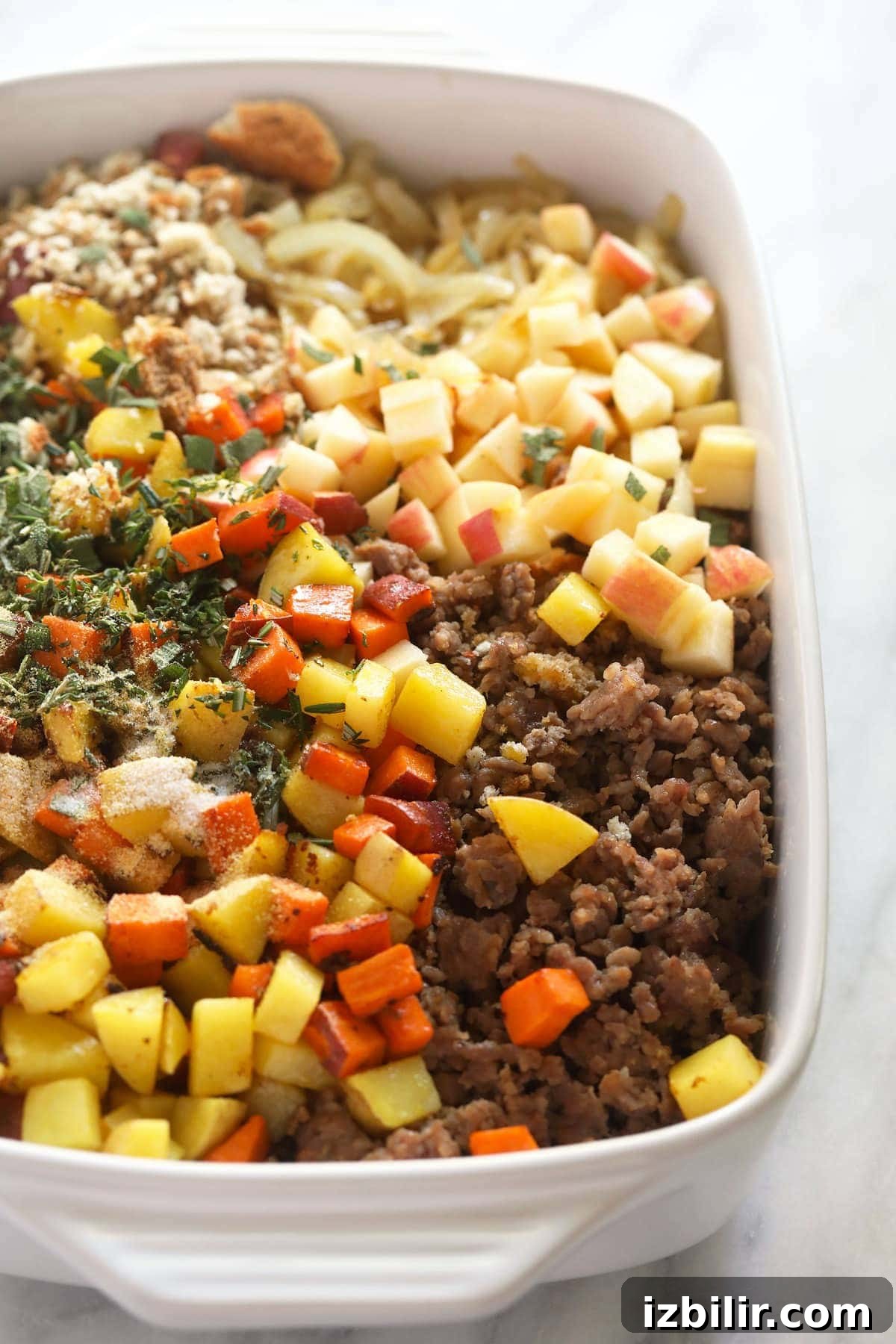 Sausage stuffing ingredients ready to be mixed sausage stuffing ingredients ready to be mixed in a casserole dish