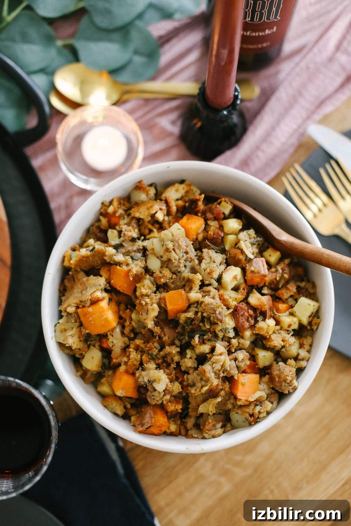 Sausage stuffing served in a bowl sausage stuffing in bowl