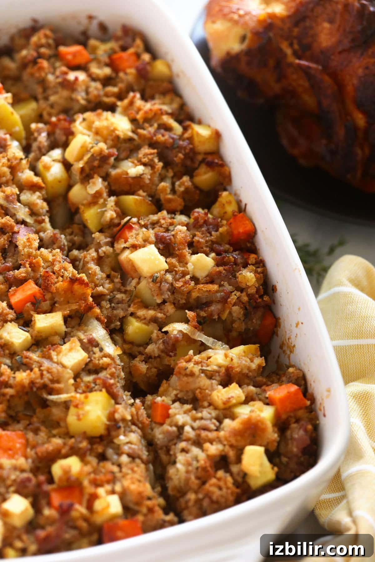 Baked sausage stuffing sausage stuffing after being baked in a casserole dish