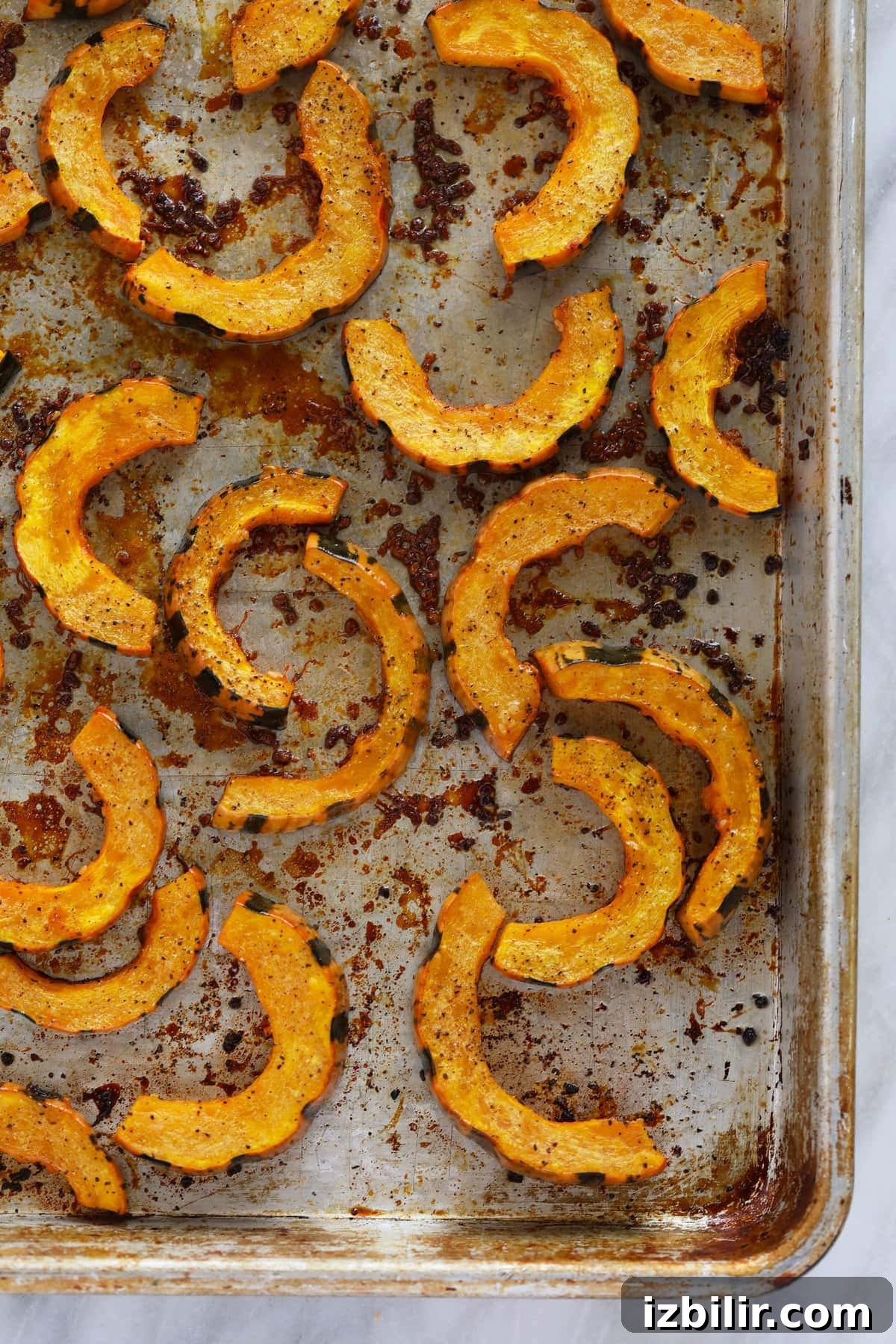 This Easy Roasted Delicata Squash is the perfect pairing to any harvest meal! Enjoy a creme fresh drizzle and the rich savory flavors of delicata squash. No peeling required! roasted delicata squash on a roasting pan