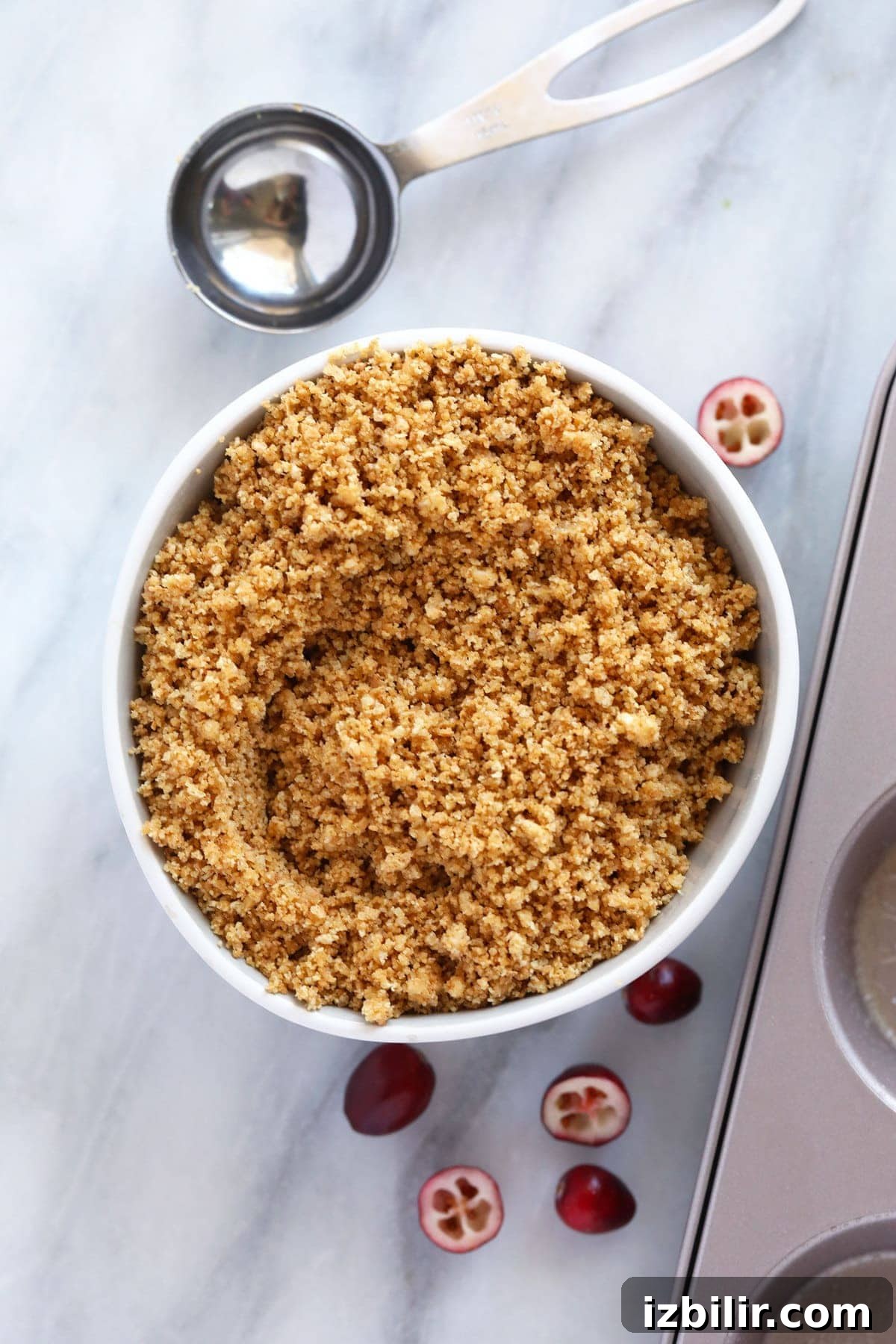 Mini Cranberry Swirl Greek Yogurt Cheesecake Bites Recipe 3 A bowl of graham cracker crumble before it's made into crush.