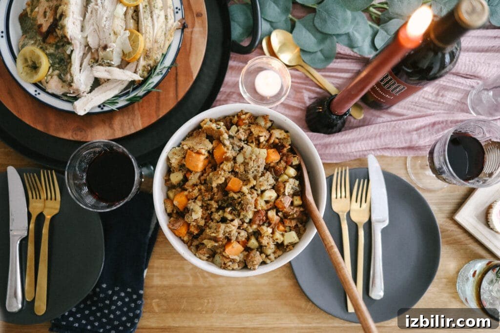 This Incredible Sausage Stuffing is as easy as it is delicious! The perfect complement to your holiday meal, this stuffing features store-bought stuffing cubes, which means you won’t have to dry out your own bread. stuffing in bowl