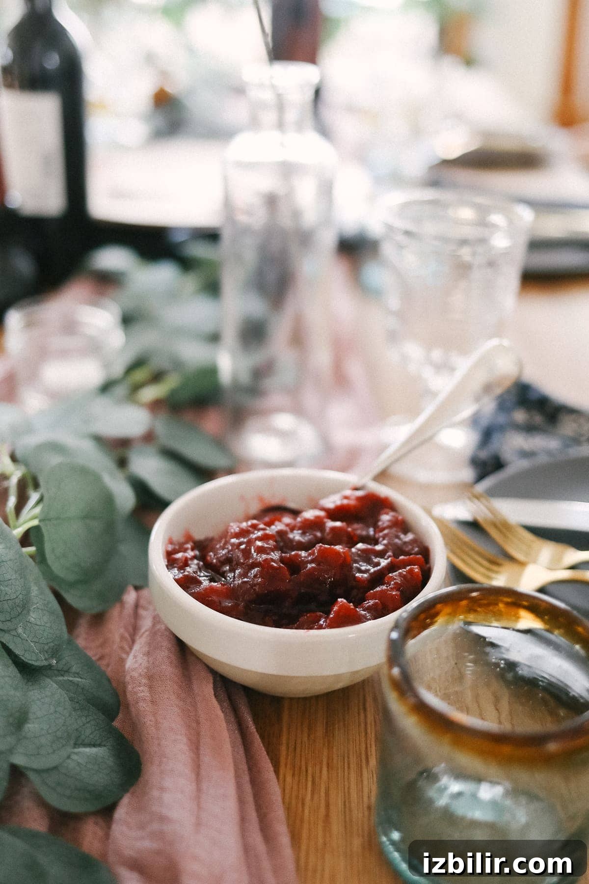 Why make boring ol' cranberry sauce when you can make lemon ginger cranberry sauce from scratch?! We're using fresh cranberries, grated ginger, lemon zest, and maple syrup for sweetener. cranberry sauce on table