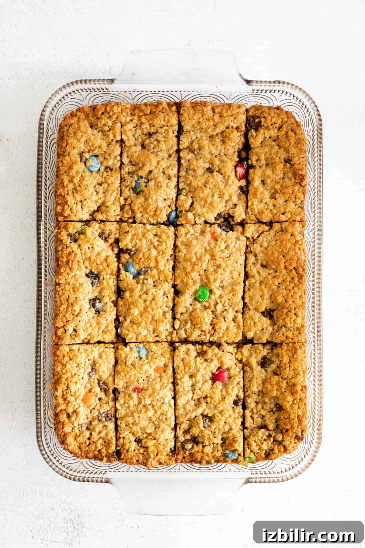 Monster Cookie Bars Recipe: Oats, Peanut Butter & M&Ms 2 Monster cookie bars in a pan