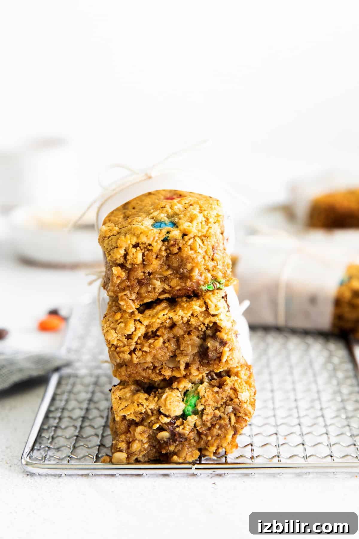 Monster Cookie Bars Recipe: Oats, Peanut Butter & M&Ms 9 Monster bars stacked