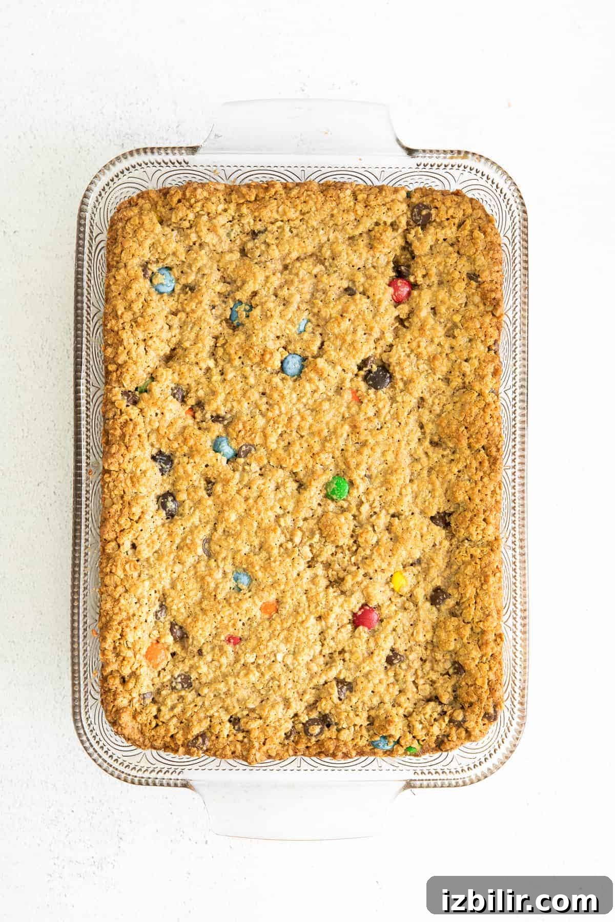 Monster Cookie Bars Recipe: Oats, Peanut Butter & M&Ms 7 Monster bars in baking dish