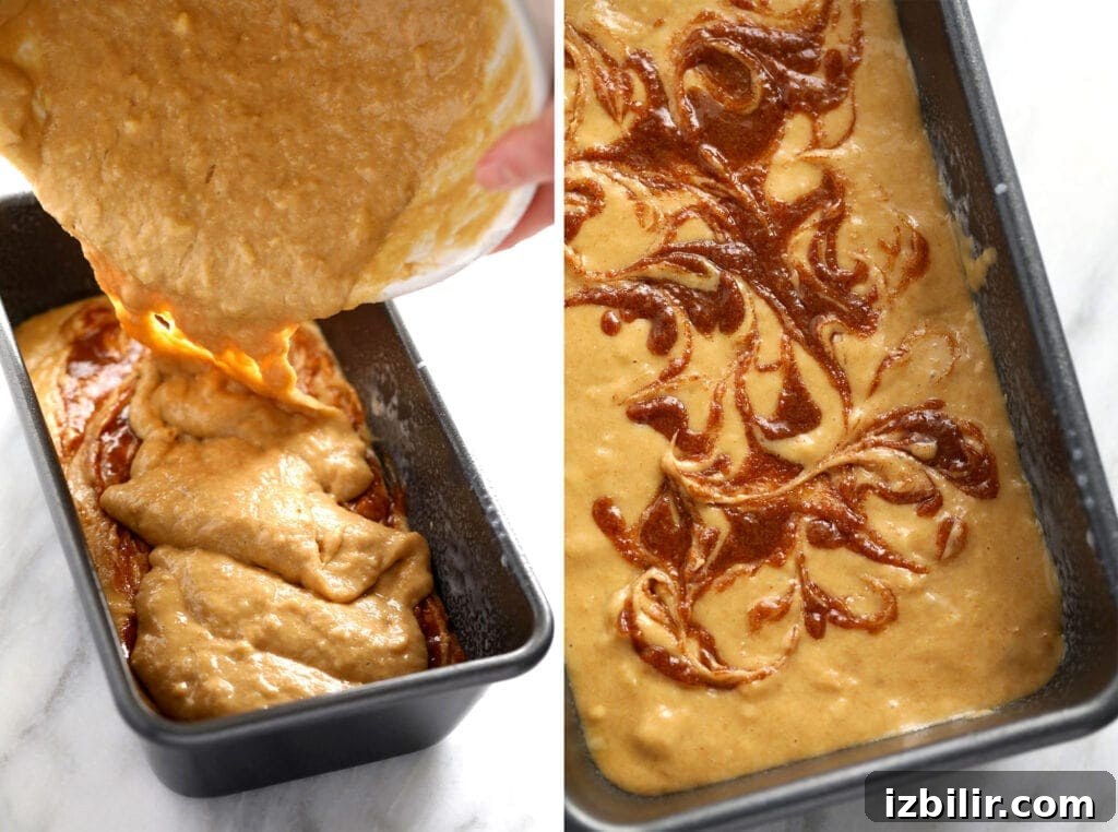 Adding more batter to a loaf pan.