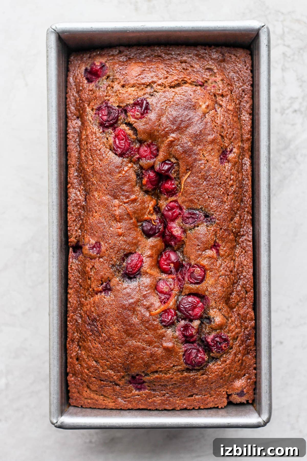 cranberry orange bread after its been baked in a loaf pan