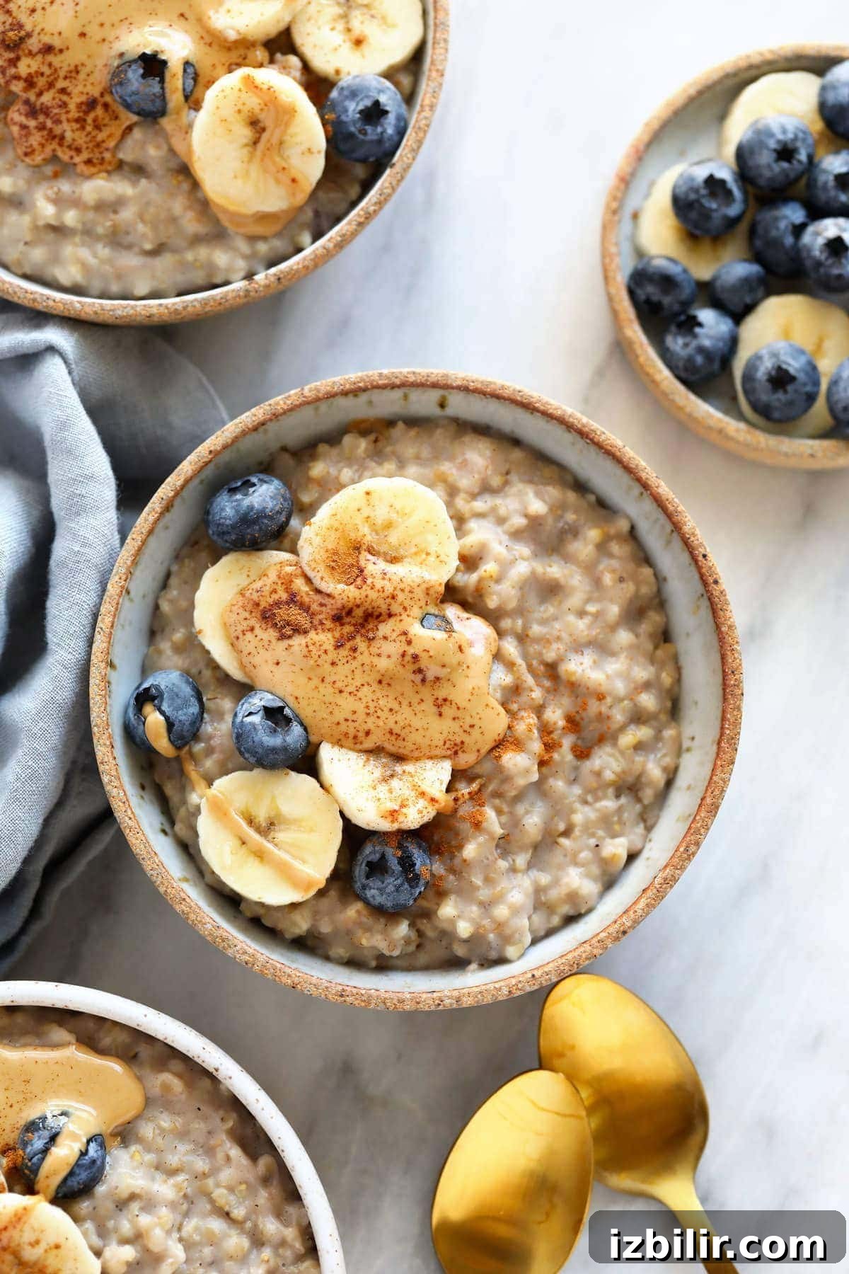 steel cut oats in bowl with banana and peanut butter