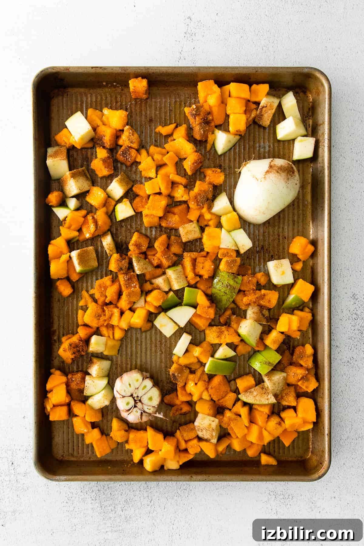 diced veggies on baking sheet