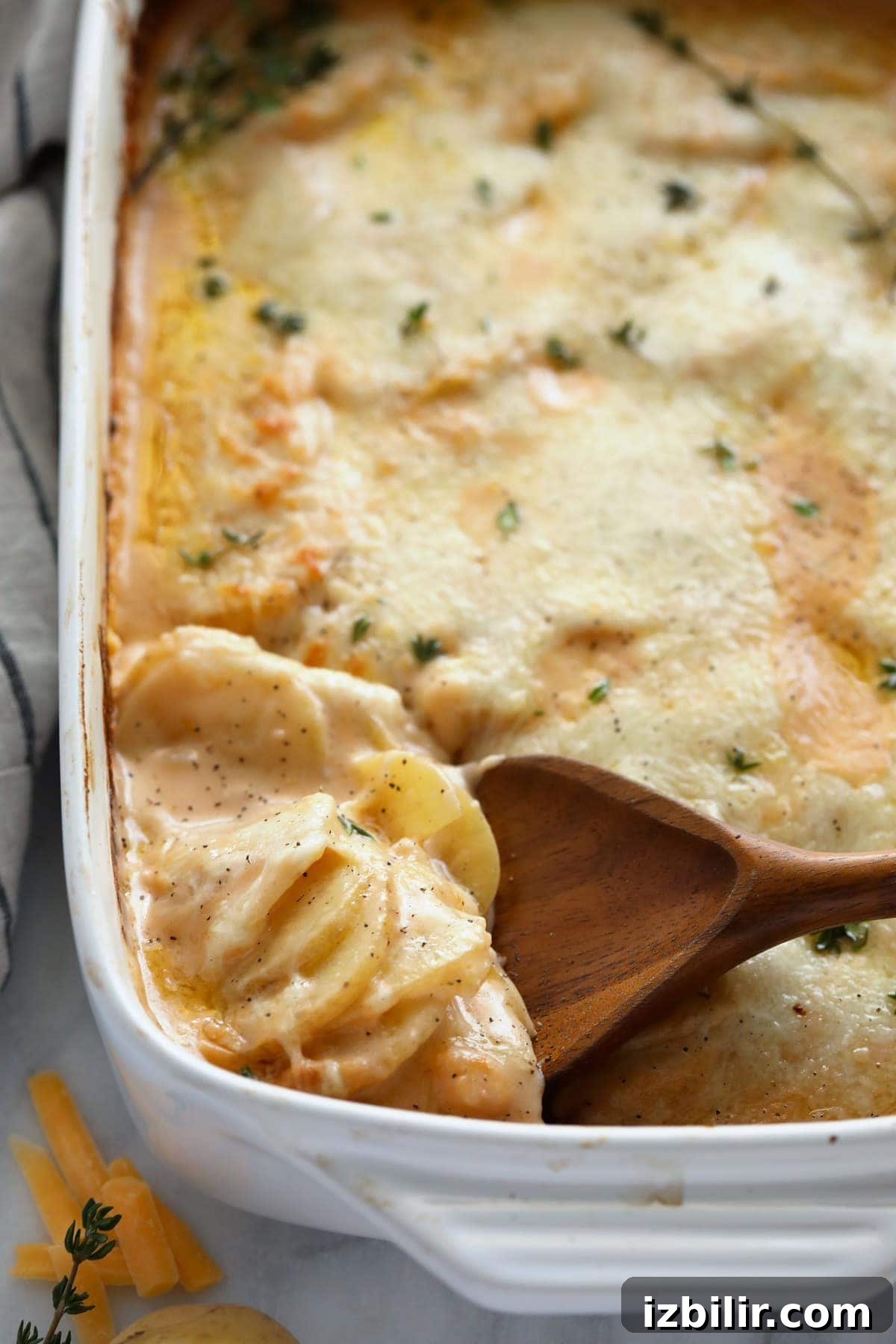 Cheesy scalloped potatoes in a casserole dish. 