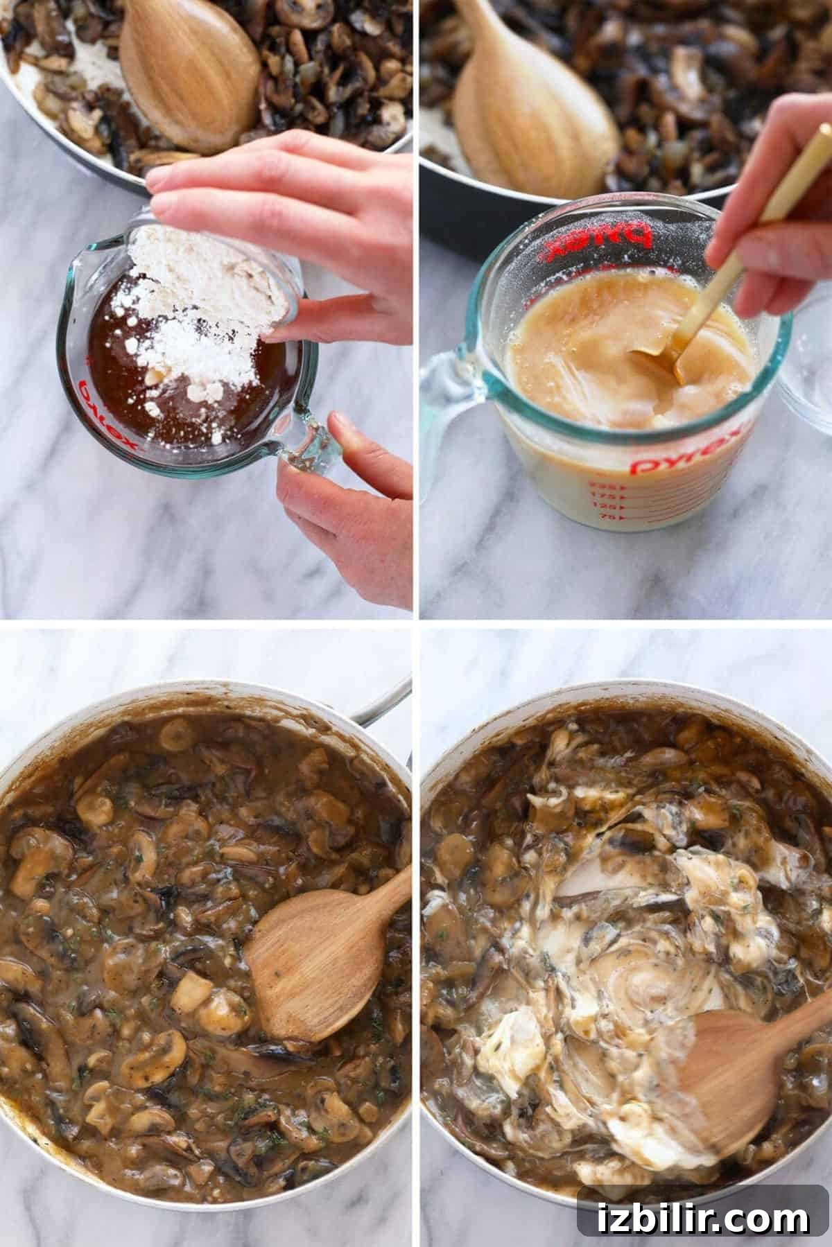 A four-step process of making mushroom sauce.