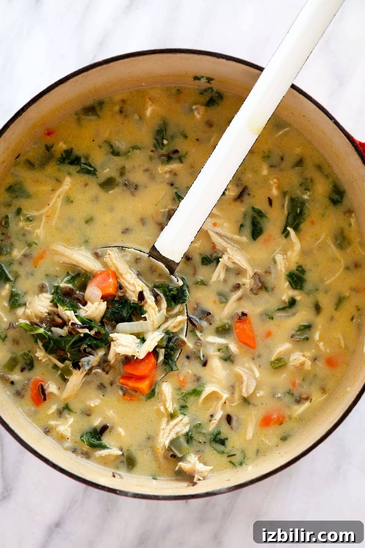 Chicken wild rice soup in a stock pot Chicken wild rice soup in a stock pot.